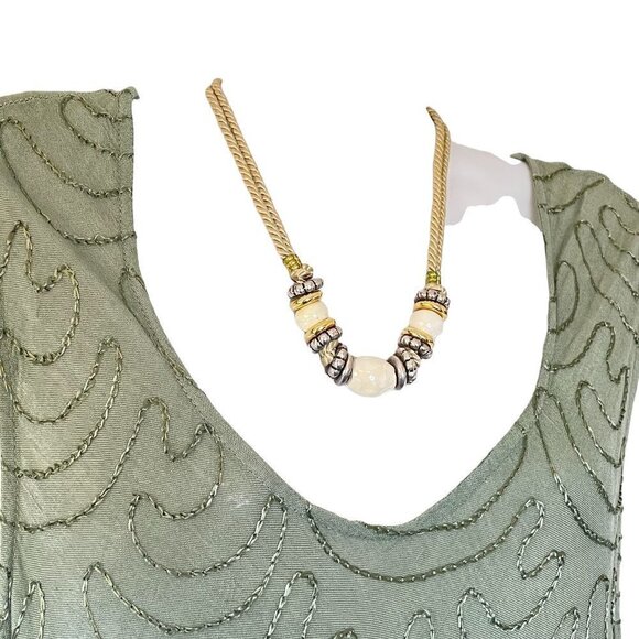 Pearl Color Glass Bead Necklace with Gold Cord and Metal Embellishments - Picture 2 of 5